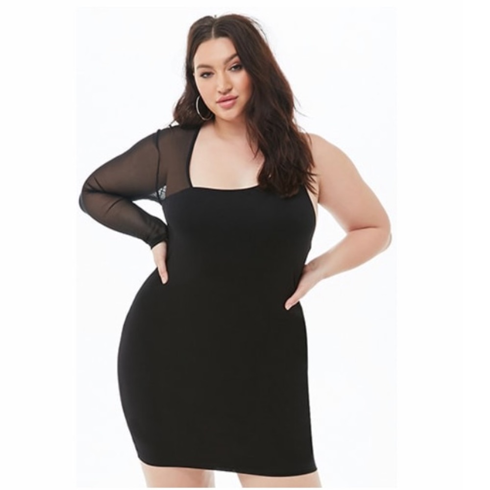 Plus size one shoulder mesh mini dress